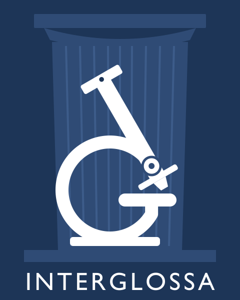 Interglossa: a microscope made of the letters I and G before a Doric column